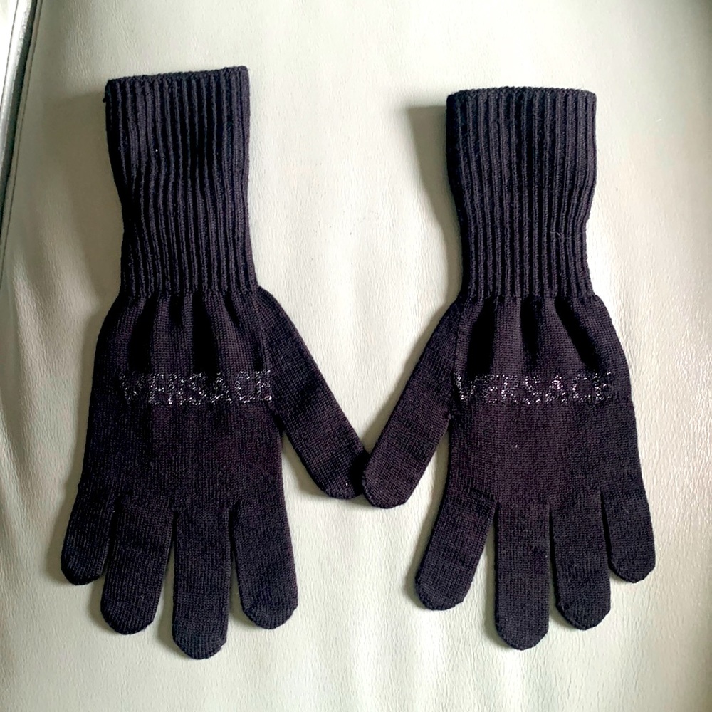 Versace Logo Jacquard Wool Blend Knit Gloves